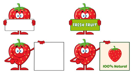 Strawberry Fruit Cartoon Mascot Character Series Set 3. Collection Isolated On White Background