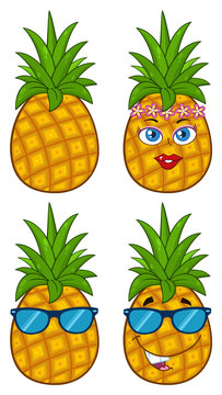 Pineapple Fruit With Green Leafs Cartoon Drawing Simple Design Series Set 2. Collection Isolated On White Background