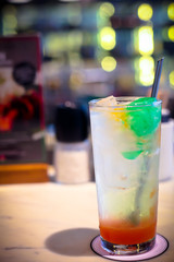 Peach soda cool juice drink put on restaurant table | Refreshment juicy cocktail