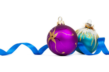 blue and purple xmas balls on white background