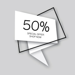 Modern paper cut geometric sale banner, special offer, 50 percents discount. Origami Label tag. Shop now. Space for text. Grey background. Vector