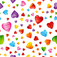 Colorful striped hearts pattern. Valentine's day, wedding, romantic seamless background, design illustration.