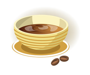 Striped bowl on saucer with delicious coffee inside