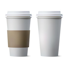 Realistic coffee paper cup with blank space and brown cover paper