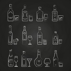 Alcoholic drinks line icons - white drinks icons on chalkboard