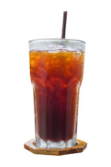 Americano in glass on wood plate isolated on white background. Clipping path. Ready to eat.