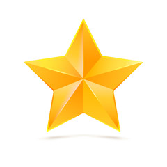 Obraz premium Realistyczna żółta pięcioramienna gwiazda. Symbol zwycięstwa w konkursach lub konkursach, szablon projektu. 3D ilustracja na białym tle.