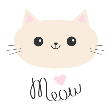 Cat head icon. Cute funny cartoon character. Meow lettering text. Pink heart. Happy emotion. Kitty Kitten Whisker Baby pet collection. White background. Isolated. Flat design.