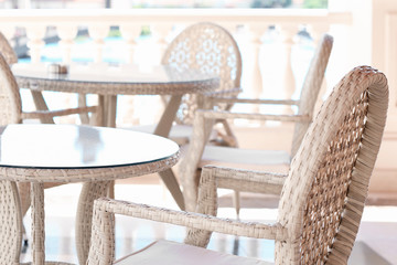 Chairs and tables in modern cafe. Coffee time concept