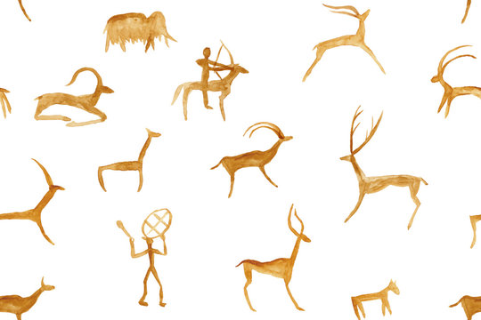 Imitation of drawing in a cave painted red and orange ocher by an ancient man on a rock wall. Hunting for an animal. Shaman, aboriginal, neanderthal, roe, ram, ship, mammoth, deer. Seamless pattern.