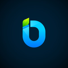 Letter O with Green leaf and Blue color, Modern glossy logotype, Vector ecology elements for corporate identity