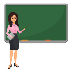 Young female teacher near blackboard teaching student in classroom at school, college or university. Flat design cartoon woman character.
