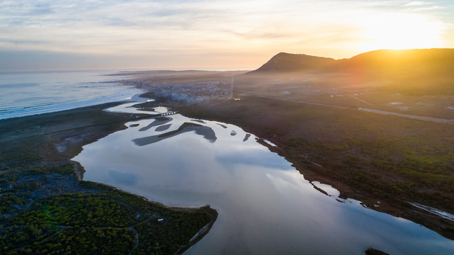 Aerial view over the Uilenkraalsmond estuary just outside Gansbaai in the Overberg region in the Western Cape of South Africa.