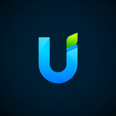 Letter U with Green leaf and Blue color, Modern glossy logotype, Vector ecology elements for corporate identity