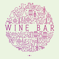 Fototapeta na wymiar Wine bar concept in circle for restaurant menu of natural alcohol drinks. Vector illustration with thin line icons related with wine making and winery.