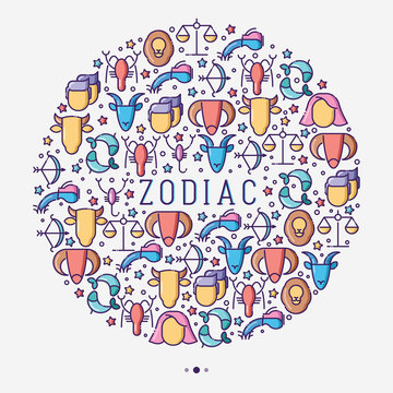 Zodiac signs concept in circle with thin line icons for banner with horoscope, web site or background. Vector illustration.