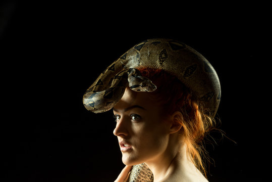 Colombian Boa and woman. Tropical brown constrictor around her head. Snake skin with yellow and black spots on a black background