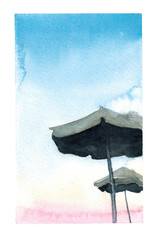 Watercolor hand drawn illustration of Landscape silhouettes of umbrellas on the background of the setting sun on paper art