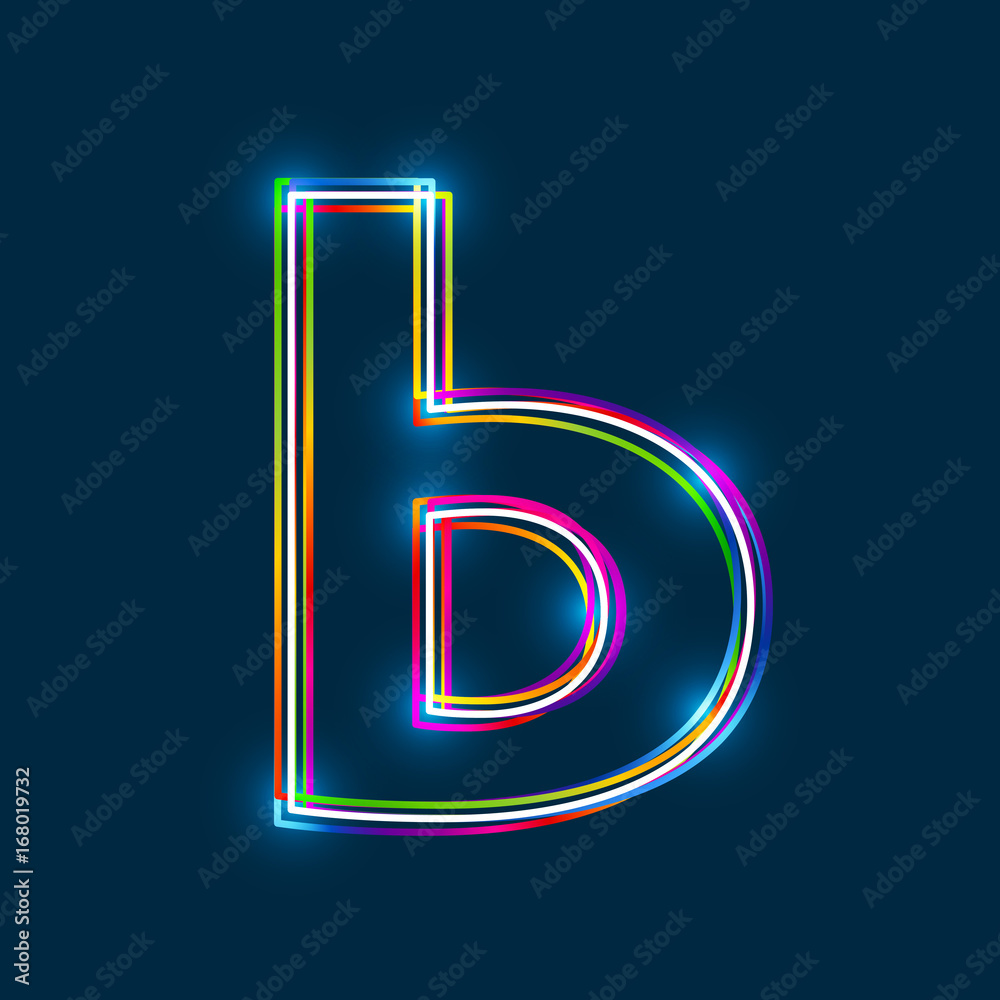Poster cyrillic capital letter soft sign. multicolor outline font with glowing effect on blue background. v