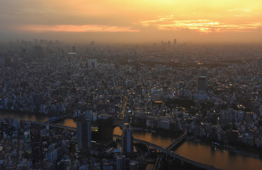日本の東京都市景観・夕景「夕日でオレンジ色に染まる隅田川などを望む」（画面左奥は、新宿方面）