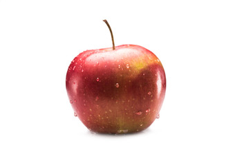 close up view of ripe apple with water drops isolated on white