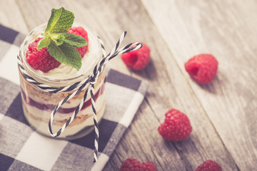 Parfait. Raspberries with greek yoghurt and muesli