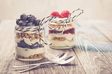 Parfait. Raspberries with greek yoghurt and muesli