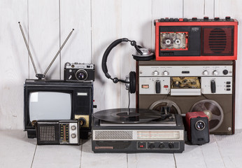 Old audio and video equipment, old TV and tape recorder