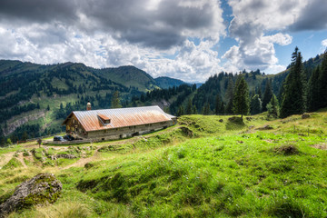 Old alpine hut with meadow in the Alps. Bavaria, Allgau, Germany. Traditional agriculture in the mountains.