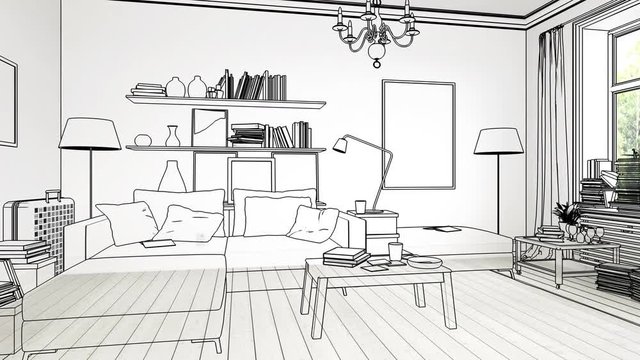 B&uuml;cher im Wohnzimmer, Einrichtung und Dekoration (loop, 4k, UHD)