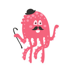Cute cartoon pink octopus gentleman character with mustache and black hat, funny ocean coral reef animal vector Illustration