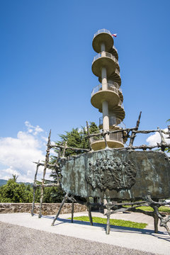 Gonjace Lookout Tower in Goriska Brda,  and war memorial, Slovenia