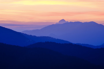 View of Triglav at sunset from Skofja Loka hills.