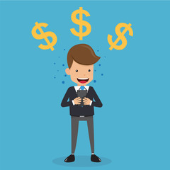 Businessman in Suit with Mobile Phone and Dollar Sign. Business and Finance Concept, Vector Illustration Flat Style.