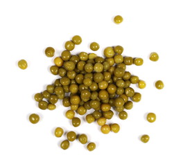 Boiled green peas isolated on white background, top view