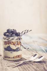 Parfait. Blueberries with greek yoghurt and muesli