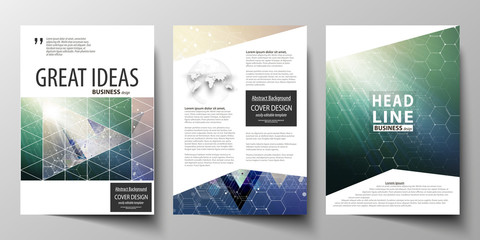 Business templates for brochure, magazine, flyer, booklet, report. Cover design template, vector layout, A4. Chemistry pattern, hexagonal molecule structure. Medicine, science, technology concept.