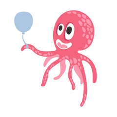 Cute cartoon pink octopus character holding air balloon, funny ocean coral reef animal vector Illustration