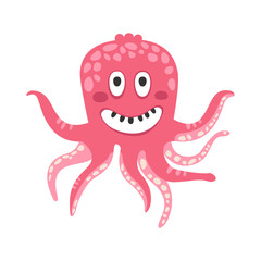 Cute smiling cartoon pink octopus character, funny ocean coral reef animal vector Illustration
