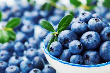 Blueberry or great bilberry in bowl with green leaves. Organic superfood and healthy nutrition.