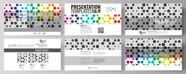 Business templates in HD format for presentation slides. Abstract vector layouts in flat style. Chemistry pattern, hexagonal design molecule structure, DNA research. Geometric colorful background.