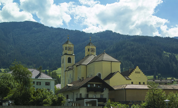 Background view of a beautiful Christian church in an alpine village in Tyrol