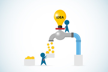 businessman open lightbulb faucet to gain golden coins, idea and business concept