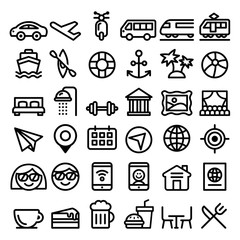 Travel vector line icons set, transport, holidays , entertainment minimalist design - big pack 