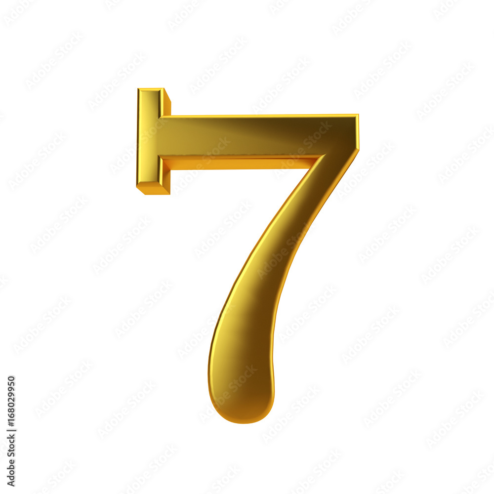Fototapete shiny gold number 7 on a plain white background. 3d rendering