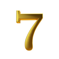 Shiny gold number 7 on a plain white background. 3D Rendering