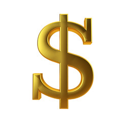 Shiny gold dollar symbol on a plain white background. 3D Rendering