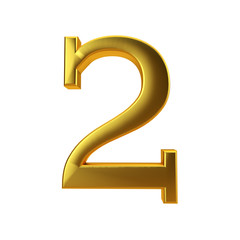 Shiny gold number 2 on a plain white background. 3D Rendering