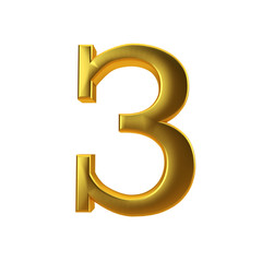 Shiny gold number 3 on a plain white background. 3D Rendering