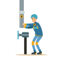 Builder worker fixing and joining industrial oil pipeline, oil industry extraction and refinery production vector Illustration